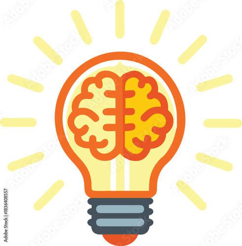 Cartoon lightbulb containing human brain emits radiant light, suggesting intelligence and innovation