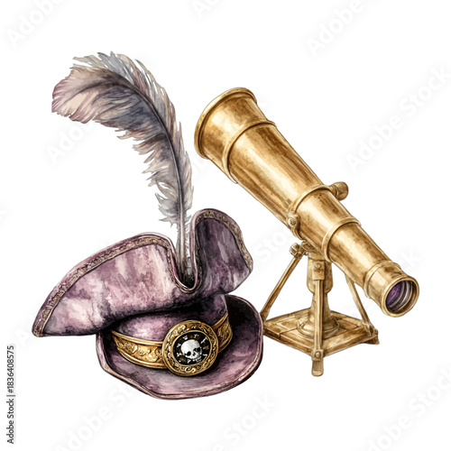 Watercolor Vintage Pirate Tricorn Hat and Brass Telescope Illustration Vector