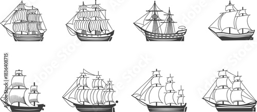 Set of detailed vintage sailing ship silhouettes, classic old sailboat illustrations, historic maritime vessel vector icons ideal for nautical artwork and design