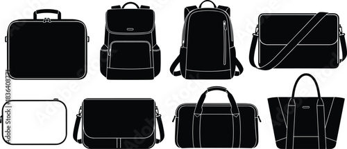 Modern bag silhouette collection featuring backpack, laptop bag, messenger bag, tote bag, duffel bag and travel case icons for branding, design