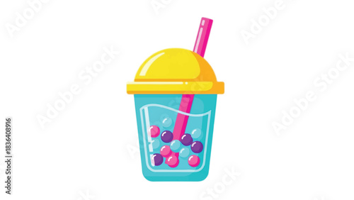 Colorful Boba Tea Illustration with Straw and Tapioca Pearls.