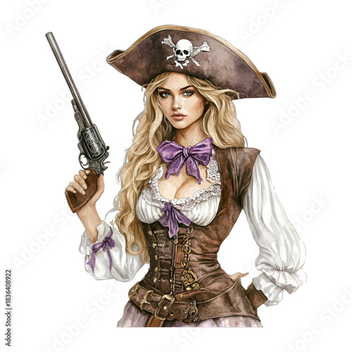 Watercolor Illustration of Woman Pirate Captain with Pistol Vector