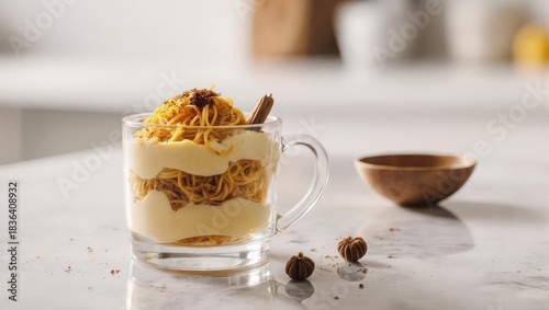 Fototapeta Naklejka Na Ścianę i Meble -  Delicious layered dessert parfait in a clear glass mug on a bright kitchen counter.