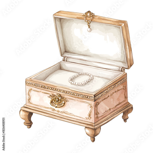 Watercolor Vintage Ornate Gold Jewelry Box with Pearl Bracelet Illustration
