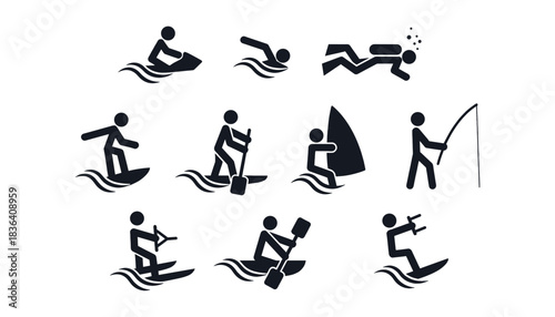 Set of Black Silhouette Icons Illustrating Various Water Sports, Activities, and Hobbies, Including Surfing, Scuba Diving, Kayaking, Fishing, Jet Skiing, and Windsurfing.