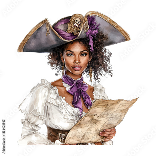 Watercolor Illustration of Woman Pirate Holding Treasure Map Vector
