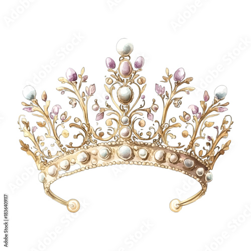 Detailed Vintage Gold Ornate Royal Crown Tiara with Pearls and Pink Gemstones Vector Illustration
