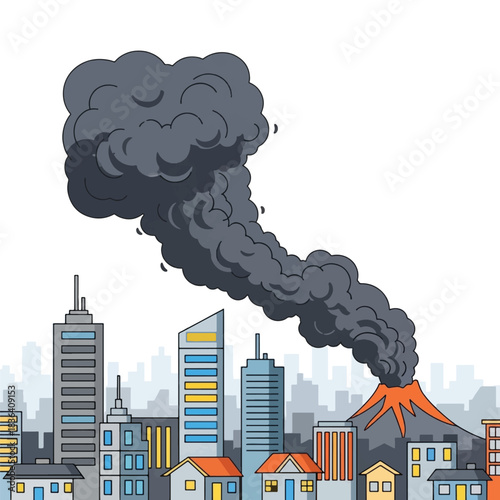 Volcano Eruption Cityscape View Illustration