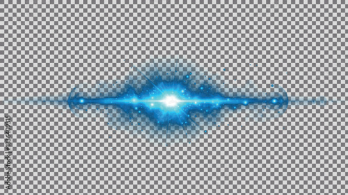 Vibrant electric blue horizontal lens flare effect with bright central starburst and glowing sparkling particle trail, intense futuristic illumination on transparent PNG background.