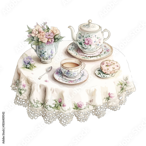 Watercolor Vintage Floral Tea Set on Lace Tablecloth Vector Illustration
