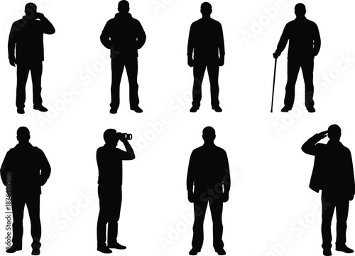 Silhouettes of eight standing individuals in diverse poses and accessories, minimal black illustration for signage or design use