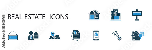 real estate icons set collection outline and Flat Style,transparent background