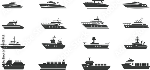Collection of modern yacht, patrol ship, warship, cargo vessel, and cruise ship silhouettes, premium marine transport vector icons for nautical design projects