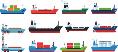 Vector set of ship and boat icons featuring various vessels for sea transportation and nautical illustration
