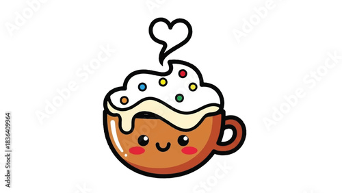 Cute Kawaii Hot Chocolate Cup with Whipped Cream and Sprinkles.