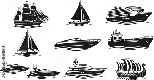 Collection of ship, yacht, sailboat, cruise liner, cargo vessel and Viking boat silhouettes with wave elements for marine vector design