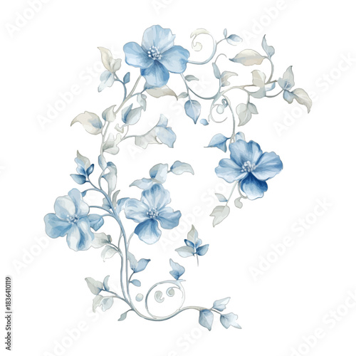 Watercolor Blue Floral Vine Ornament Illustration Vector
