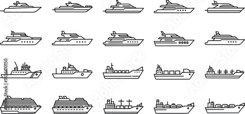 Set of yacht, cruise ship and cargo vessel line art icons showing marine transport elements for nautical design, outline style collection