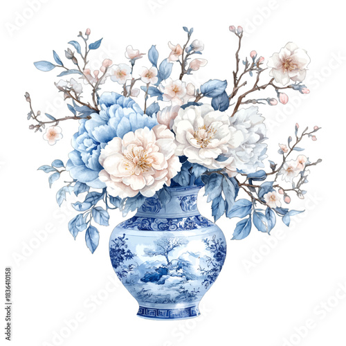 Watercolor Blue and White Chinoiserie Peony Flower Arrangement in Porcelain Vase Vector Illustration
