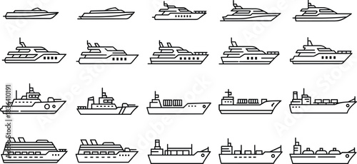 Set of yacht, cruise, cargo and marine ship line art icons showing modern nautical vessels for transportation, outline style vector collection