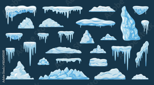 Cartoon Christmas Snow and Ice Caps Vector Set, Icicles Snowballs Snowdrifts Elements