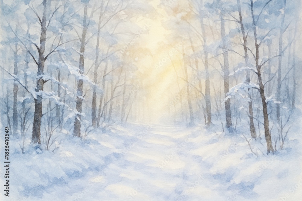 Fototapeta premium Watercolor painting of a snow-covered forest path with sunlight shining through the trees