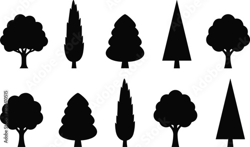 Black Silhouettes of Diverse Tree Species Collection: Vector Icon Set Featuring Deciduous, Coniferous, Cypress, and Evergreen Shapes for Landscape and Graphic Design Elements, Isolated on White Backg