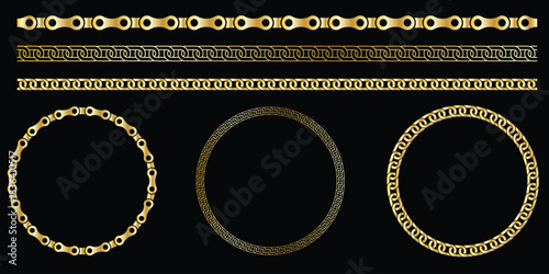 Set of golden isolated silhouette of chains on black background. Seamless pattern of chain.