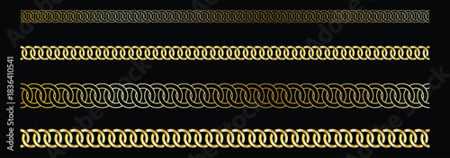Set of golden isolated silhouette of chains on black background. Seamless pattern of chain.