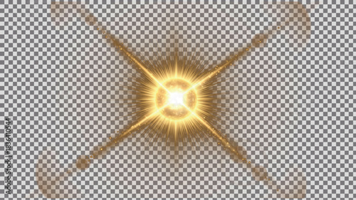 Radiant golden-yellow cross starburst light effect with central glowing sphere and four-point light rays, intense warm illumination design element on transparent PNG background.