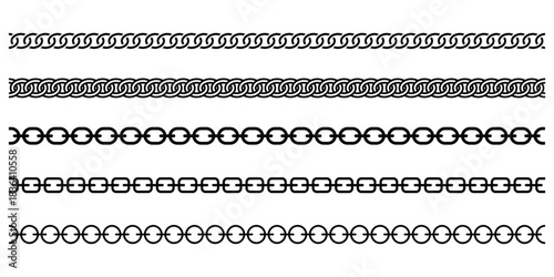 Set of chains and bracelets. Metal Chain Line collection. Chain brush set. chain pattern set of braided ropes in black. Straight Link Chain Collection.