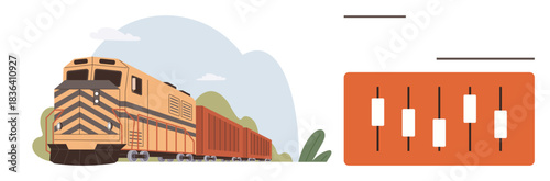 Cargo train moving past greenery paired with candlestick chart highlights transportation, stock market trends, data analysis, financial growth, logistics efficiency, trade, and strategy. Simple flat