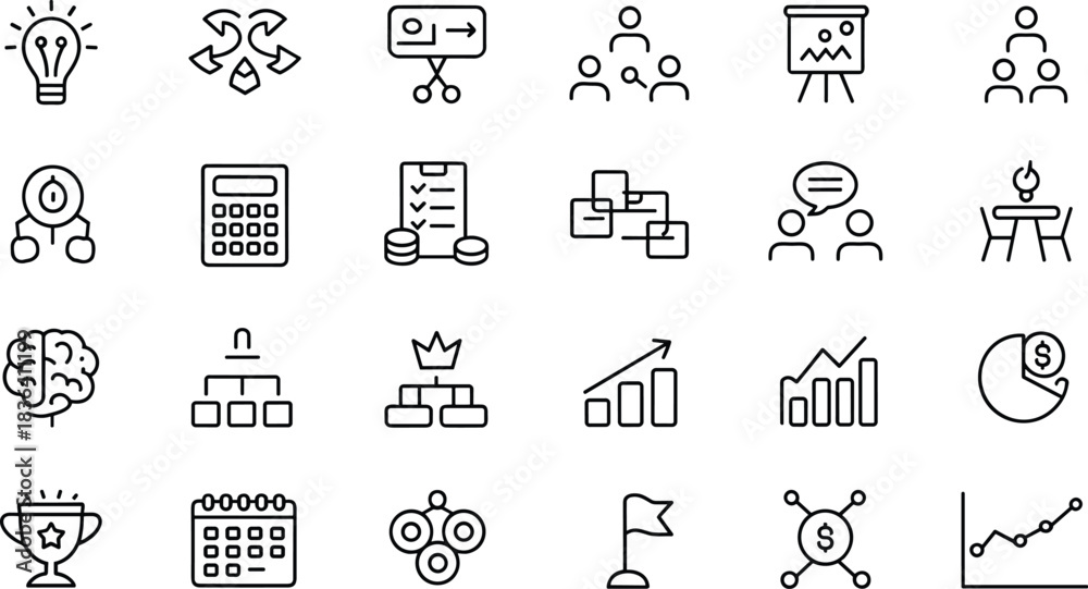 Fototapeta premium Business Analytics and Workflow Outline Icon Set Strategy Data and Team Vector