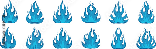 Blue Fire and Blue Flame Cartoon Set, Magical, Cold, and Mythological Heat or Energy Effect Illustrations, Flat Design Vector Collection
