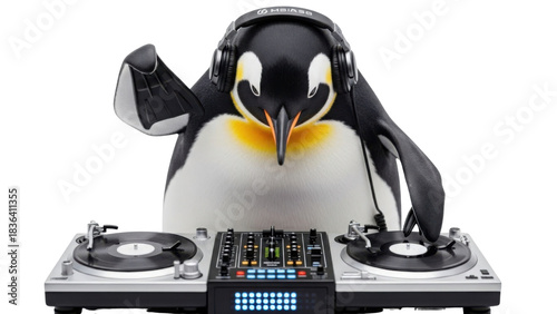 Penguin DJ mixing music with turntables and audio mixer isolated PNG with Transparent Background