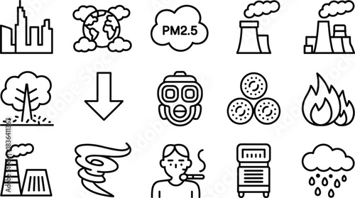 Air Pollution and PM25 Health Risk Outline Icon Set Industrial Smog Vector