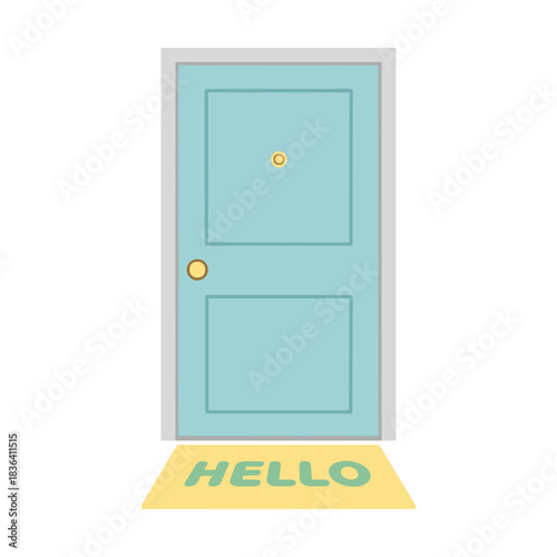 Blue front door with a yellow mat saying "Hello" in minimalist style  