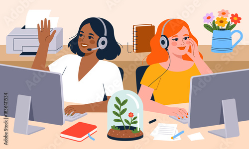 Two friendly support agents are assisting customers at a call center, showcasing teamwork and communication, while surrounded by office equipment and a nurturing atmosphere.