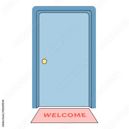 Blue door with a welcome mat in a minimalist style  