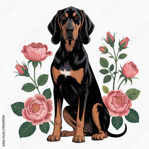 A majestic black and tan dog sits confidently amidst a backdrop of pink roses, creating a warm and inviting atmosphere with its striking colors and charming demeanor.