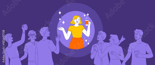 A vibrant scene showcasing a group of friends celebrating, with one person in focus, highlighting joy and connection amidst a lively gathering environment.