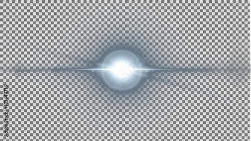 Soft pale blue and white horizontal lens flare effect with central glowing star and faint streaking light, subtle ethereal sunburst illumination on transparent PNG background.