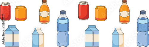 Collection of Isometric Beverage Containers, Cans, Bottles, and Cartons for Water, Soda, Juice, and Milk, Drink Packaging Vector Set