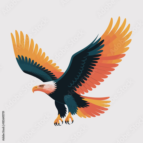 A vibrant illustration of an eagle soaring through the sky, showcasing its majestic wings with hues of black, orange, and yellow, symbolizing freedom and strength.