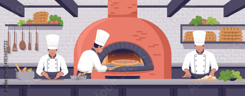 Three chefs working together in a vibrant kitchen, focusing on pizza preparation with a large red pizza oven as the centerpiece of their culinary environment.