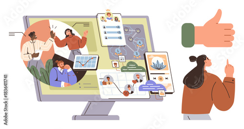 Team brainstorming, digital tools on screen, communication, task management, and analytics. Ideal for teamwork, productivity, leadership, workplace diversity remote work organization simple flat