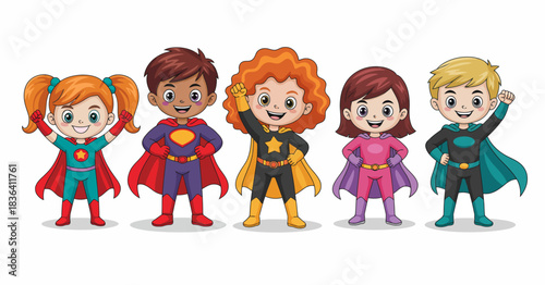A lively group of cheerful children dressed as superheroes stands confidently, showcasing their unique costumes and embodying the spirit of friendship, adventure, and imagination.