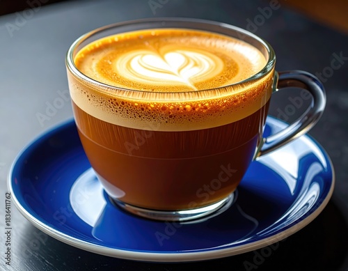 A clear glass cup filled with coffee sits on a blue saucer. Latte art, dark surface