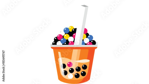 Vibrant Bubble Tea Drink with Colorful Tapioca Pearls and Fruit Toppings.