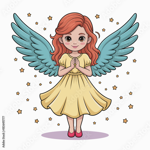 A charming illustration of a little girl with vibrant red hair and blue wings, surrounded by sparkling stars, embodying innocence, joy, and a sense of wonder.